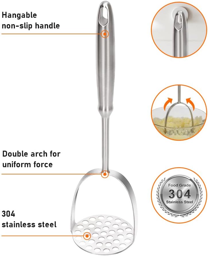 Brigii Potato Masher, Dual Arc for Easy, Labor-Saving Mashing, 304 Stainless Steel, Sturdy and Durable One-Piece Potato Press, Dishwasher Safe, for Potatoes and More