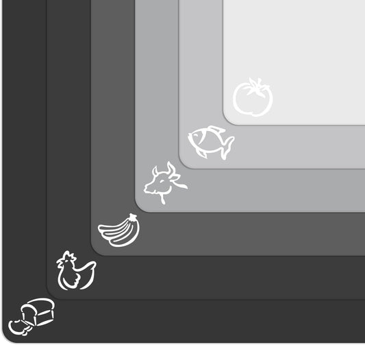 Extra Thick Flexible Plastic Cutting Board Mats with Food Icons & EZ-Grip Waffle Back, (Set of 6) Dishwasher Safe