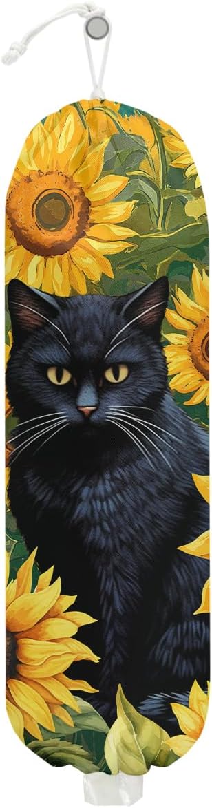 Sunflower Cat Plastic Bag Holder, Wall Mount Grocery Bag Holder, Plastic Storage bag, Pull Rope Free Adjustment, Plastic Bag Holders for Grocery Bags, Plastic Bag Dispenser for Home Kitchen