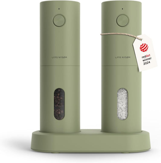 LARS NYSØM Electric Salt and Pepper Grinder Set, USB Rechargeable, Automatic Salt and Pepper Mills, Spice Shakers Refillable with LED Light, Adjustable Coarseness, Ceramic Grinder (Sage Green)
