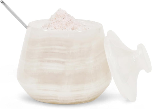 Marble Salt Cellar With Lid & Spoon 4 Inch Stone Salt Container, Seasoning Spice Jar Holder & Jewelry Storage, Salt Box For Kitchen Counter (White Onyx)