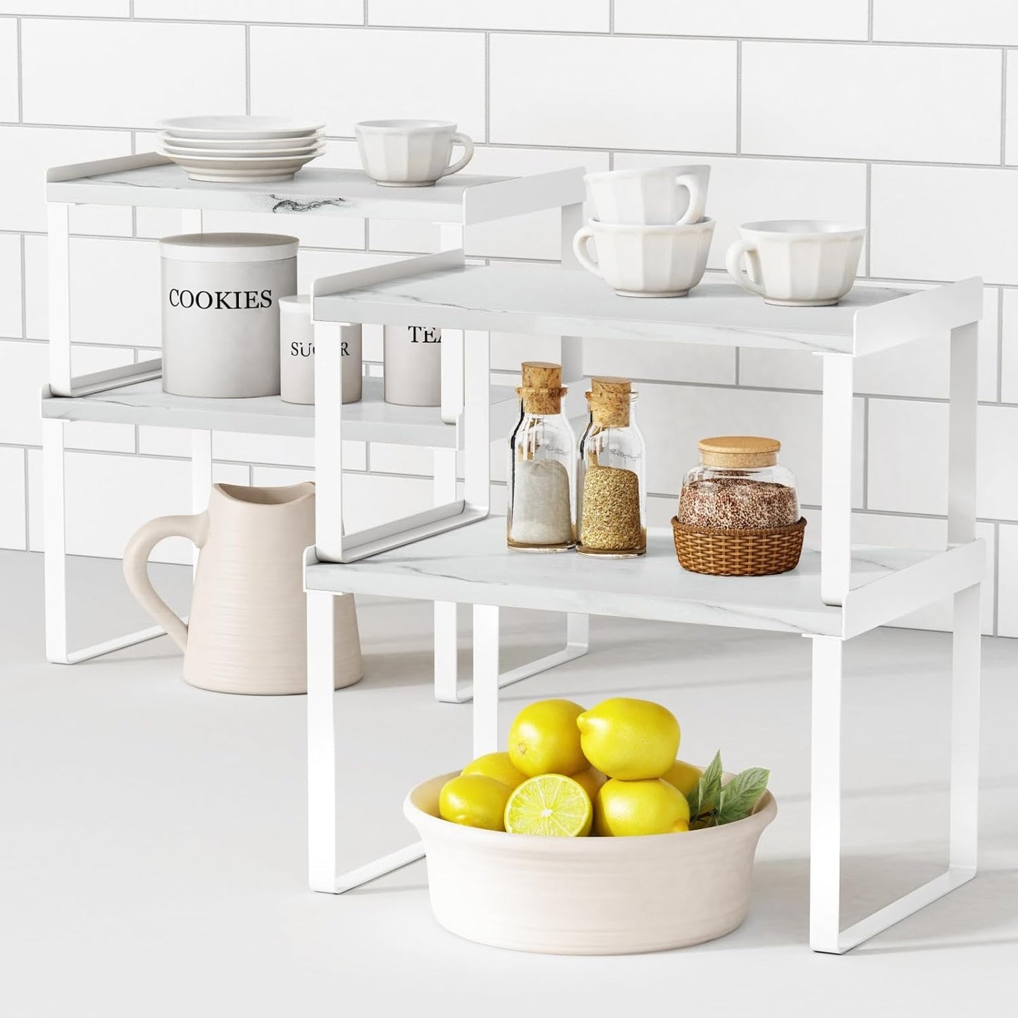 White Marble Kitchen Counter Shelf Organizer, Modern Dish Plate Organizer for Cabinet Space Saver, Small Wood Stackable 2 Tier Office Desktop Shelf Risers for Books Monitor - Set of 4