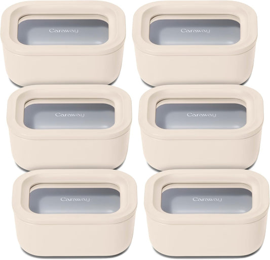 Caraway 6pc Glass Food Storage Set - 2.6 Cup Storage Containers For Food (6) - Non-Toxic Ceramic-Coated Glass - Air Release Technology - Compact & Stackable Design - Cream