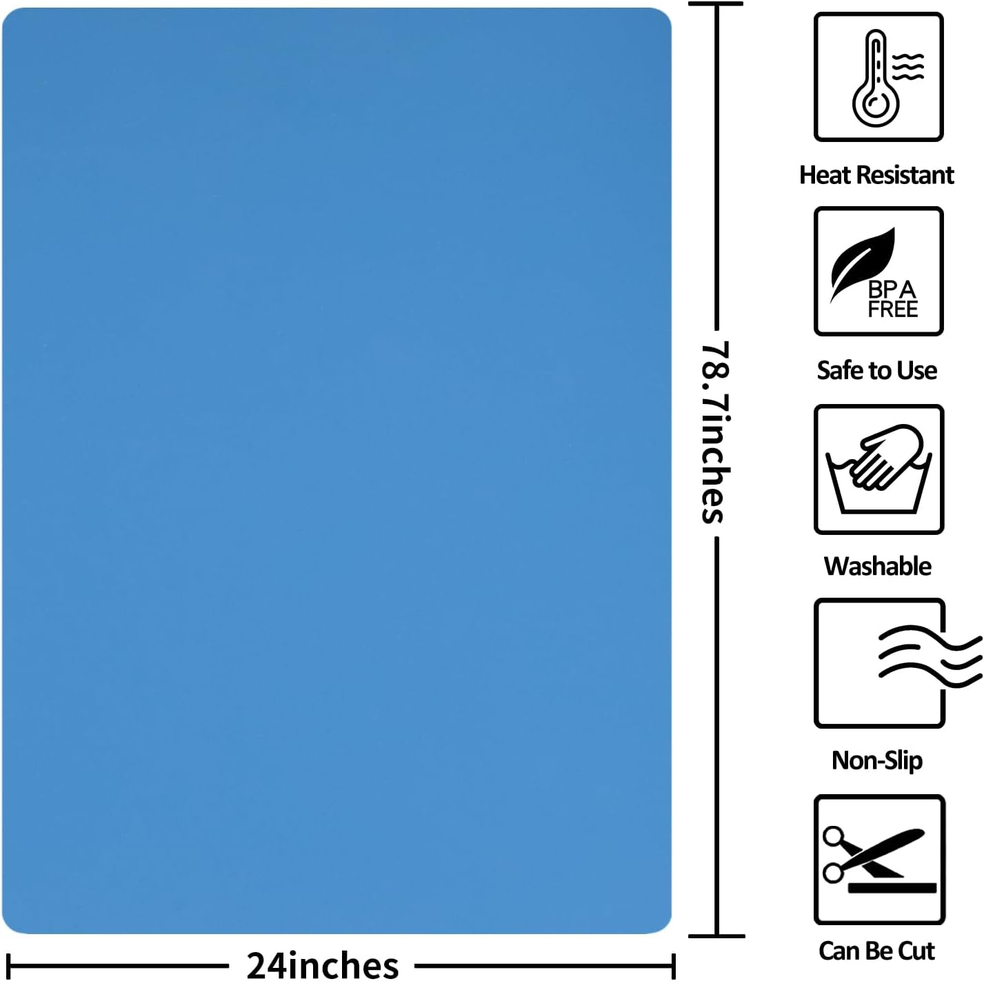 Silicone Mats for Kitchen Counter, Nonslip Silicone Mats for Crafts Countertop Protector Heat Resistant Mat (78.7” x 24” x 0.08”, Light Blue)