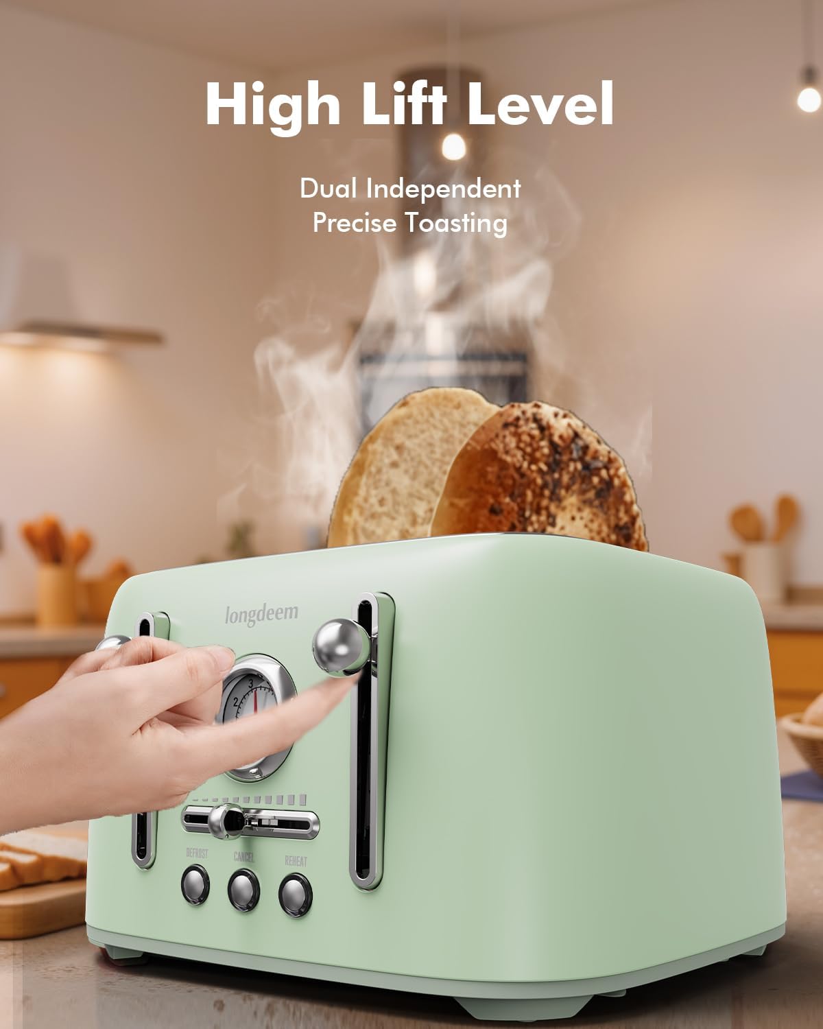 Retro 4-Slice Toaster 1.6" Wide Slots - 6 Toast Settings with Bagel Function, Stainless Steel Body, Defrost/Cancel Button & Crumb Tray, Vintage Green