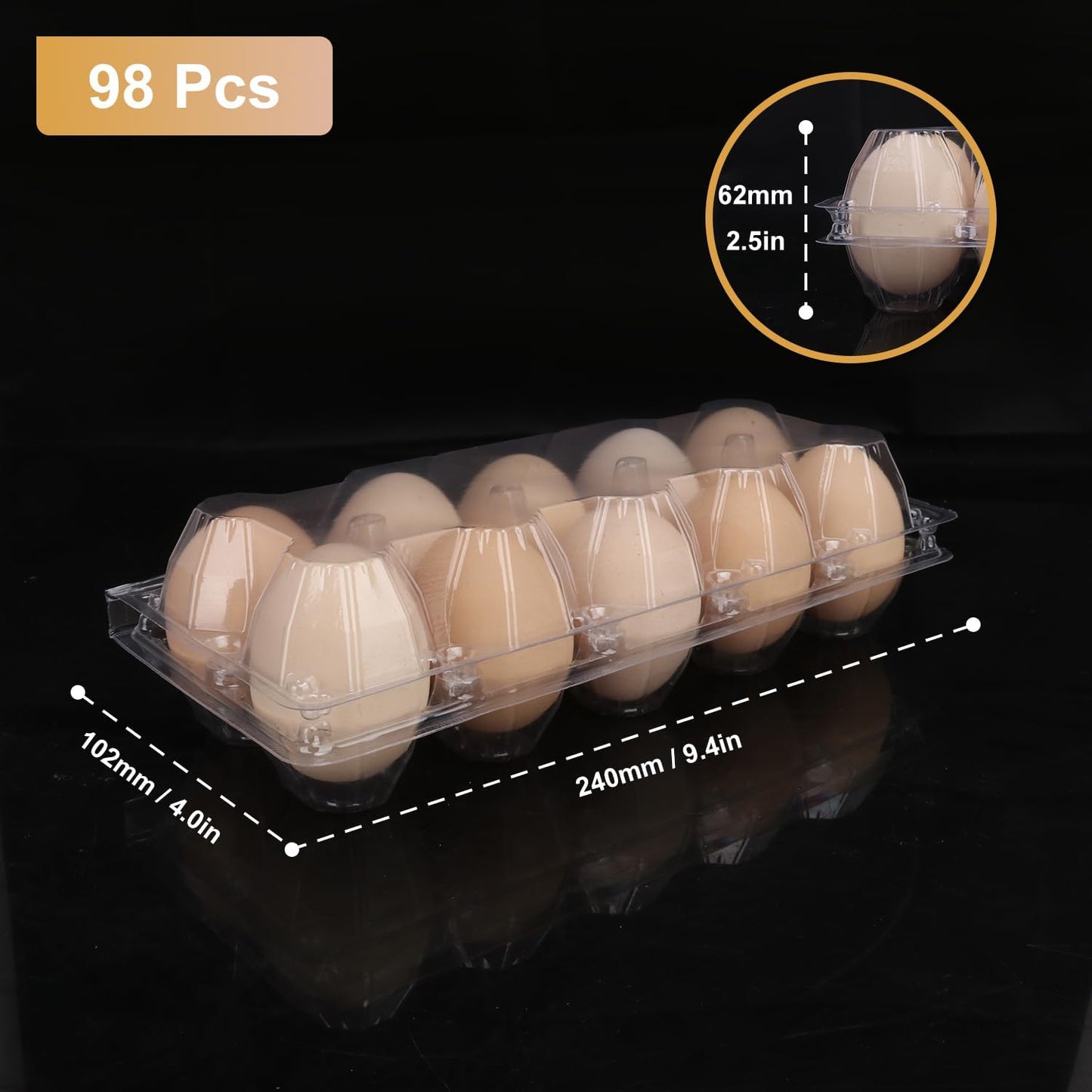 98 Pack Bulk Egg Cartons, Clear Plastic Chicken Egg Holders, Egg Tray Carton Holder for Home & Kitchen, Farm & Market Use, An Eco-Friendly Egg Storage Solution, 10 Grids(Medium Size)