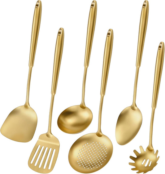 304 Stainless Steel Cooking Utensils,6 Pcs Kitchen Cooking Utensils Set with Spatula, Solid Spoon, Ladle, Skimmer, Spaghetti Spoon,Dishwasher Safe(Gold)