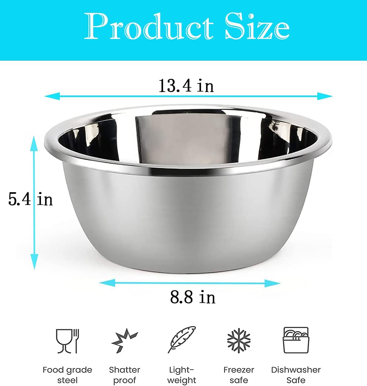 meleg otthon Stainless Steel Mixing Bowl, 11QT Salad Bowl, Metal Bowls, Stainless Steel Basin, Heavy Duty Deeper Edge Mirror Finish Dishwasher Safe Bowl (3XL)…