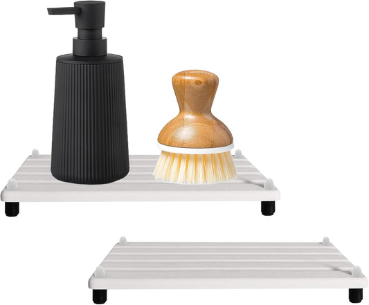 2 PCS Water Absorbing Stone Trays for Bathroom Counter, Fast-Drying Faucet Mat for Kitchen Sink, Diatomite Sink Caddy, Hand Soap Holder with Anti-Skid Feet (9.5" x 4.7" White)