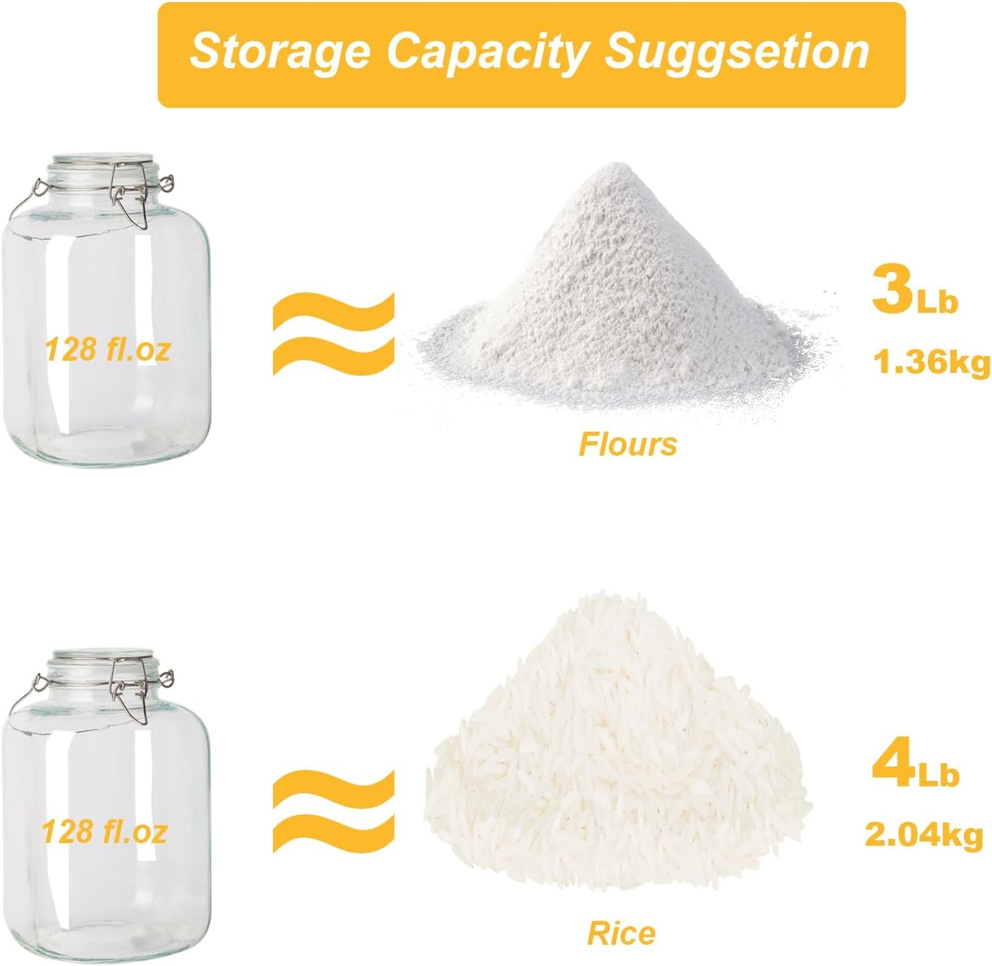 1 Gallon Airtight Glass Food Storage Jars Set of 2 with Lids, Extra Large Glass Storage Containers with Handle for Flour, Cereal, Coffee and Canning, Square Mason Jars with 8 Chalkboard Labels