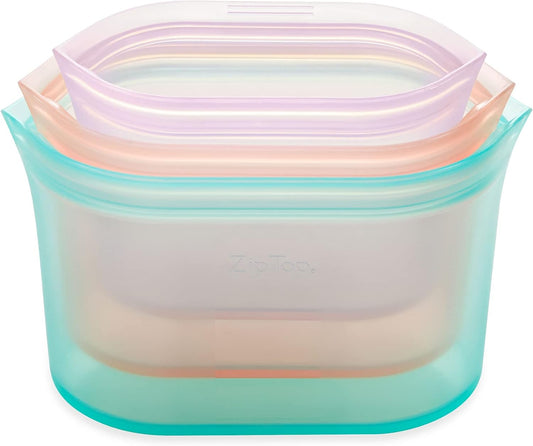 Zip Top Reusable Food Storage Bags | 3 Dish Set [Teal/Peach/Lavender] - Small, Medium, Large | Silicone Meal Prep Container | Microwave, Dishwasher and Freezer Safe | Made in the USA