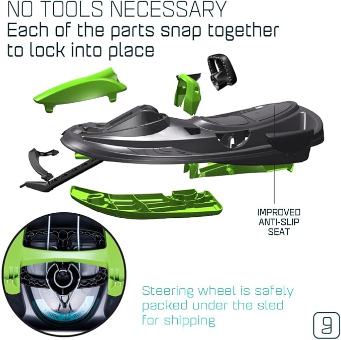 Snow Sled for Kids, Adults - Toboggan Sled, Easy Turning Steering Wheel, Anti-Slip Seat, Pull Up Brake, Durable Plastic Sled, Lightweight, Snow Sleds, Age 3+ 260 lbs