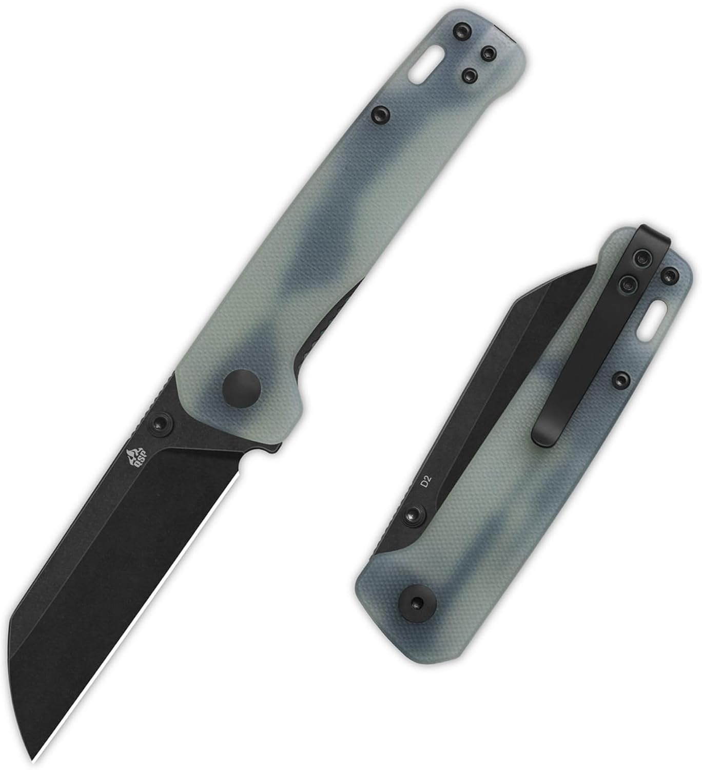 QSP Penguin V2 Folding Pocket Knife, 3.06" D2 Black Stonewash Blade EDC Knife, Jade G10 Handle, Liner Lock, Ceramic Ball Bearings, Reversible SS Deep Carry Clip