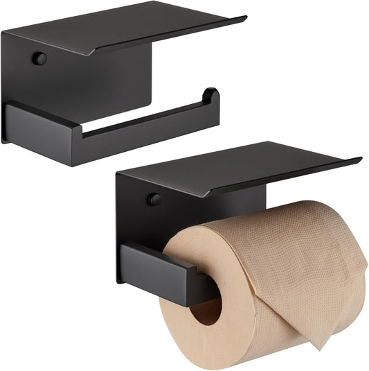 KOKOSIRI Black Toilet Paper Holders with Shelf Bathroom Toilet Paper Roll Holder Matte Black Stainless Steel Wall Mounted, 2 Pack, B2010BK-P2
