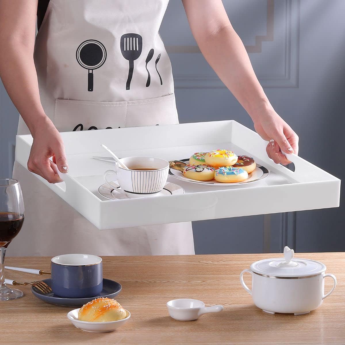 White Acrylic Large Ottoman Tray with Handles 18"x18"x2" Spill Proof Serving Tray Rubber Boot Organizer Tray Decorative for Living Room Bedroom Kitchen Entryway Coffee Table Countertop