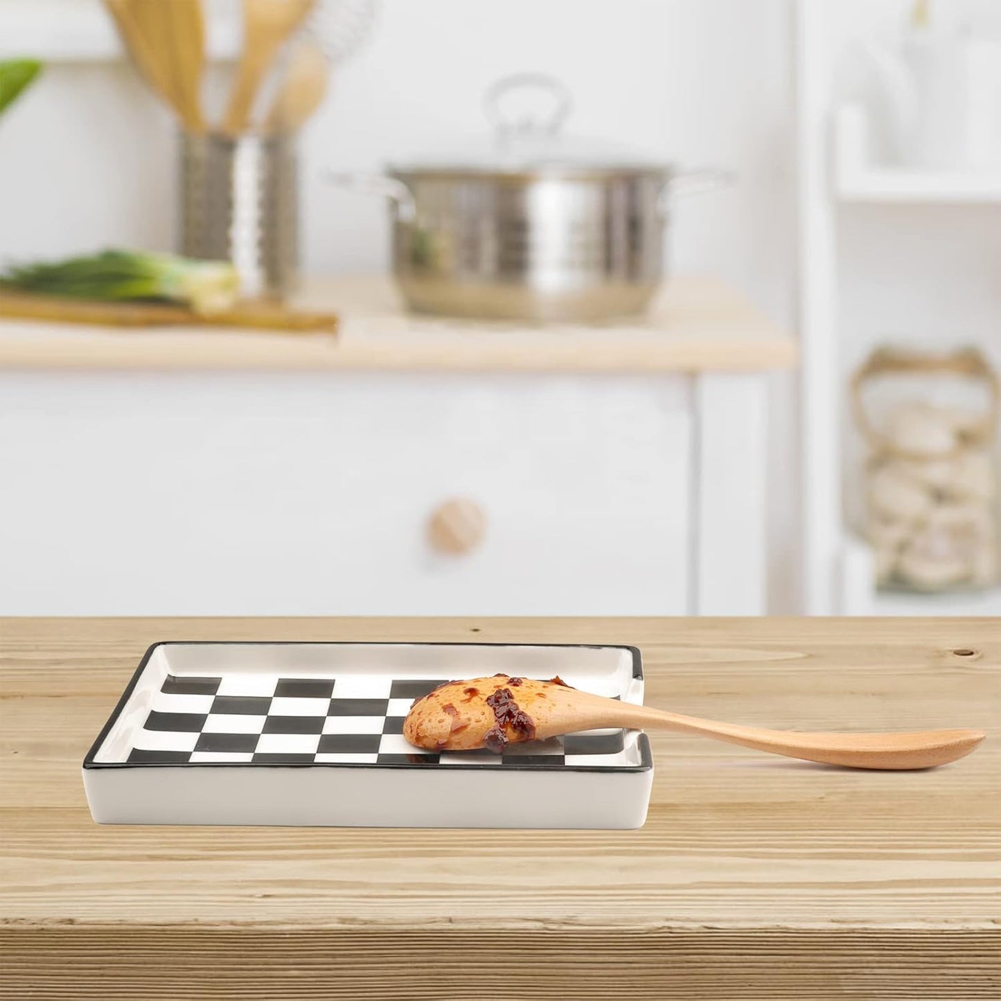 Spoon Rest,Ceramic Spoon Rest for Kitchen Counter Dishwasher Safe Marble Decor Spoon Holder for Kitchen (Large, Black&White, 1)