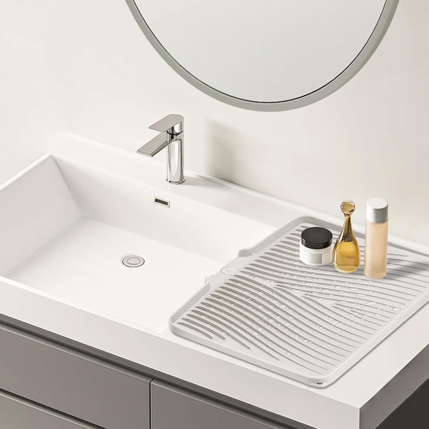 Silicone Dish Drying Mat, Stone Drying Mat for Kitchen Counter with Built-In Drain, Non-Slip Drain Pad with Built-in Drain, Heat Resistant Stone Drying Mat, 1Pcs 19.7" x 17", Cream