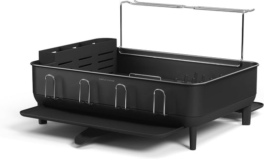 simplehuman Large Capacity Dish Drying Rack with Stainless Steel Frame, 360º Easy Drain Swivel Spout, Utensil & Wine Glass Holder, Anti-Residue Coating, Moisture Control Surface, Matte Black
