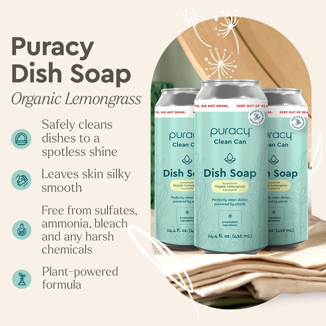 Puracy Natural Dish Soap Clean Can Refill Packs- Plant-Based Dishwashing Soap, Non-Toxic Dish Soap, Natural Liquid Dishwashing Detergent Soap As Seen on TikTok (Organic Lemongrass, 14.4 fl oz, 3 Pack)