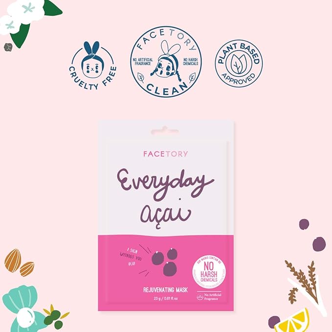 FACETORY K Beauty Face Mask Skin Care - Everyday ACAI Rejuvenating Sheet Mask | Plant-Based with Acai Infusion (5 Pack)