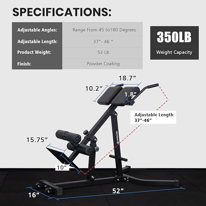 LIONSCOOL Heavy-Duty Adjustable Roman Chair - Back Extension Bench with Multiple Adjustment Functions- Hyperextension Bench Perfect for Home Gym