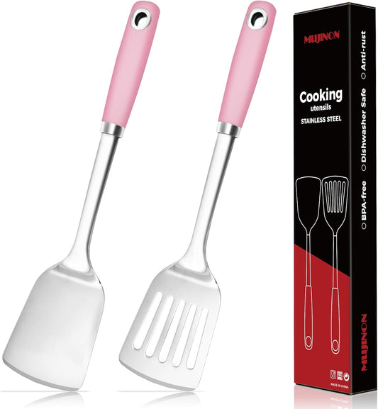 14.3-in Pink Spatula Set, 18/0 Stianless Steel Heavy Duty Turner & Slotted Spatula, Kitchen Cooking Utensils Set, High Heat Resistant, Grilling Frying Serving Food, Pack of 2