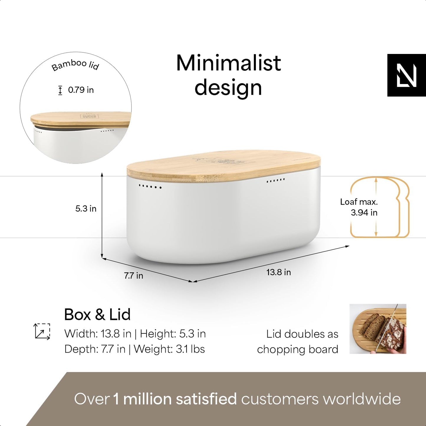 LARS NYSØM Bread Box I Metal Box with linen bag for long lasting freshness I Bread Bin with bamboo lid usable as cutting board I 14.2x7.5x5.1 In (Pure White)