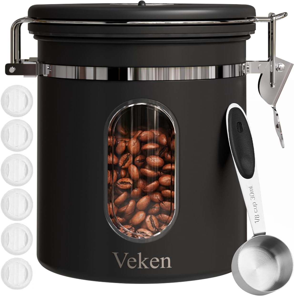 Veken Coffee Canister with Window, Airtight Stainless Steel Kitchen Food Storage Container with Date Tracker and Scoop for Grounds Coffee, Beans, Tea, Flour, Cereal, Sugar, 22&16OZ,Black