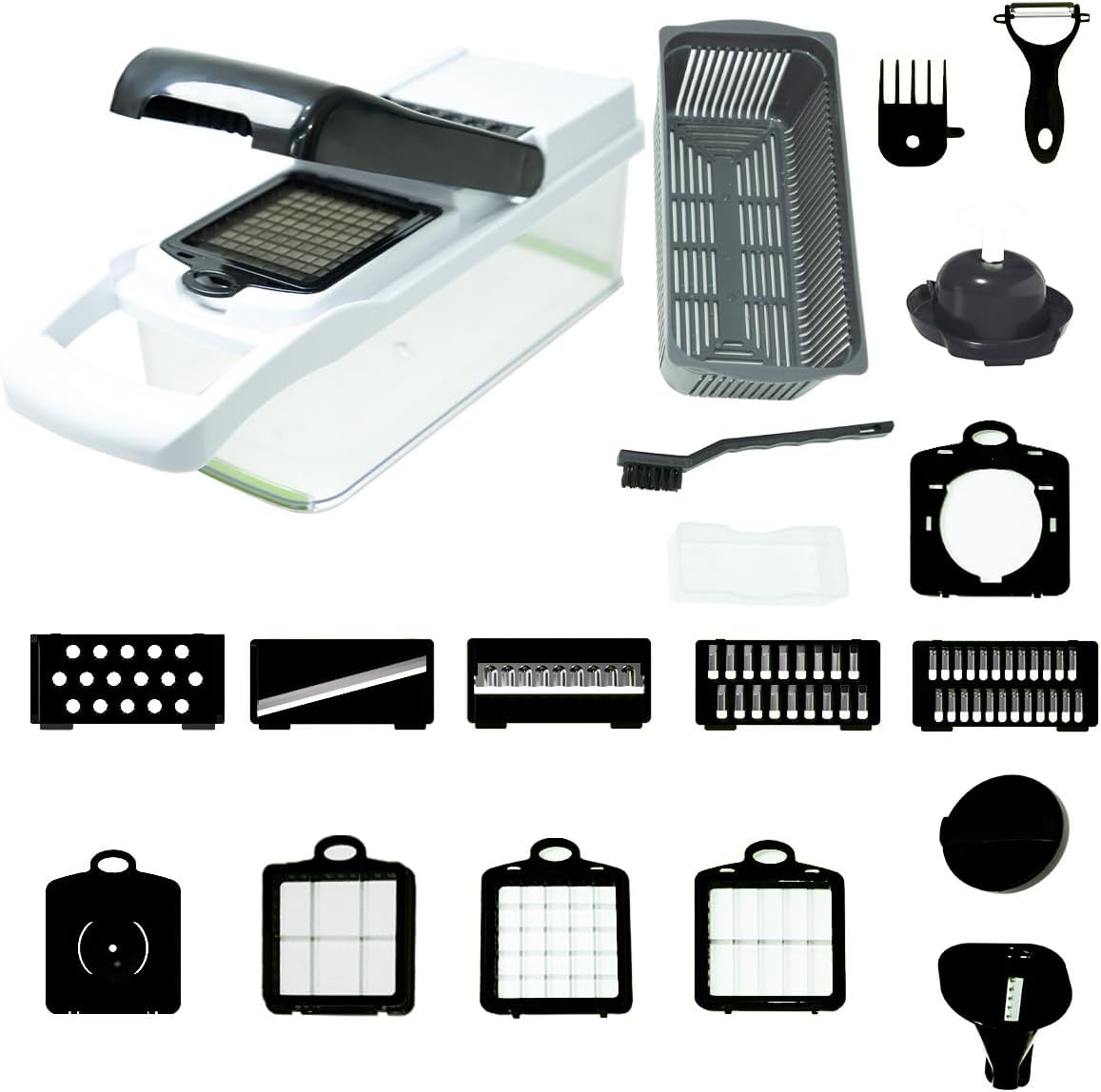 Vegetable Chopper Kit, Stainless Steel Blades, with Veggie Pusher, Grating & Pattern Cutting Blades, Catch Basin & Wash Basket, Safety Lock, Dishwasher Safe Kitchen Gadget (Black-White)