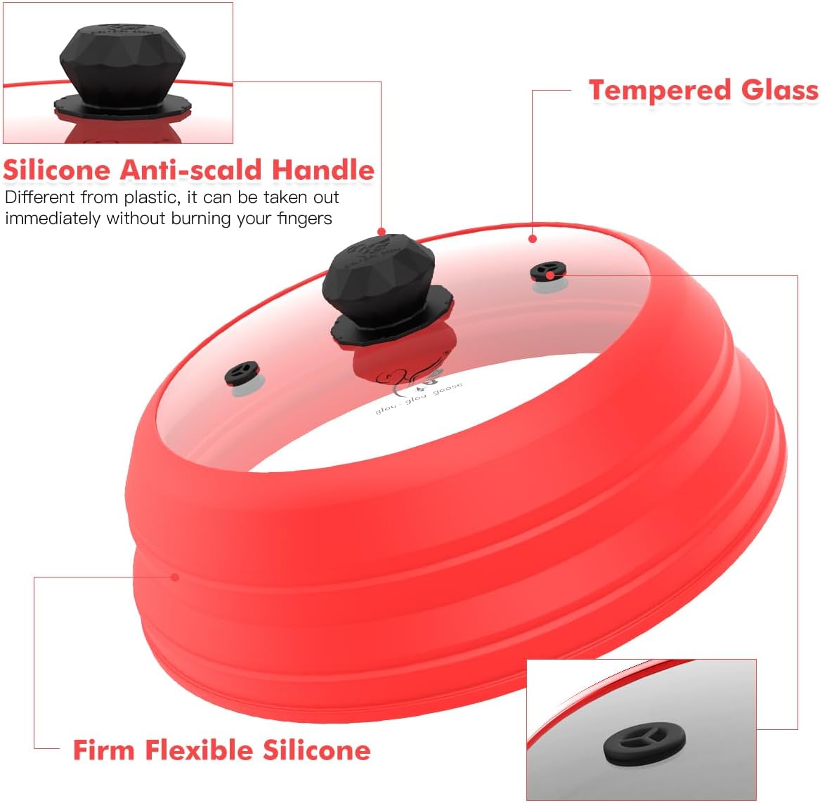 Microwave Splatter Cover Vented Glass Splatter Guard Lid with Collapsible Silicone for Food as Pot Cover Plate 10.8 inch for 6 7 8 9 10 inch Plate Bowl Red