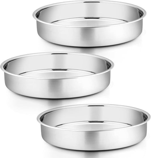 P&P CHEF 11 Inch Round Cake Pan Set of 3, Stainless Steel Round Baking Layer Pans Bakeware for Layer Birthday Cake, Fit Oven/Pots/Pressure Cooker, Leakproof & Dishwasher Safe, Silver