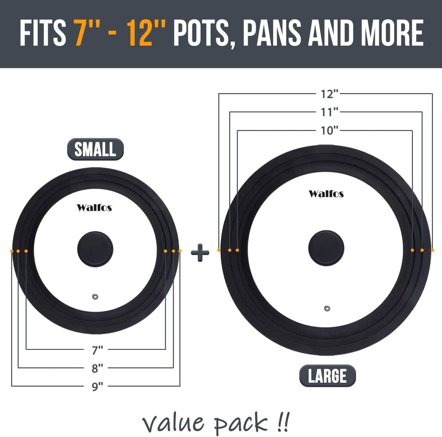 Walfos Universal Lid, Tempered Pan Lid with Heat Resistant Silicone Rim, Fits All 7" to 12" Diameter Cookware, Pots, Pans and Skillets (2Pk)