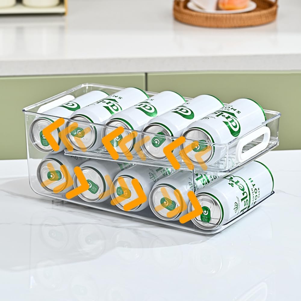 Xicennego Upgrade 2-Tier Rolling Soda Can Storage Organizer for Tall Skinny Soda/Pop Cans, Soda Can Dispenser for Refrigerator, Fridge Can Drink Holder, Plastic Storage Rack for Fefrigerators, Pantry