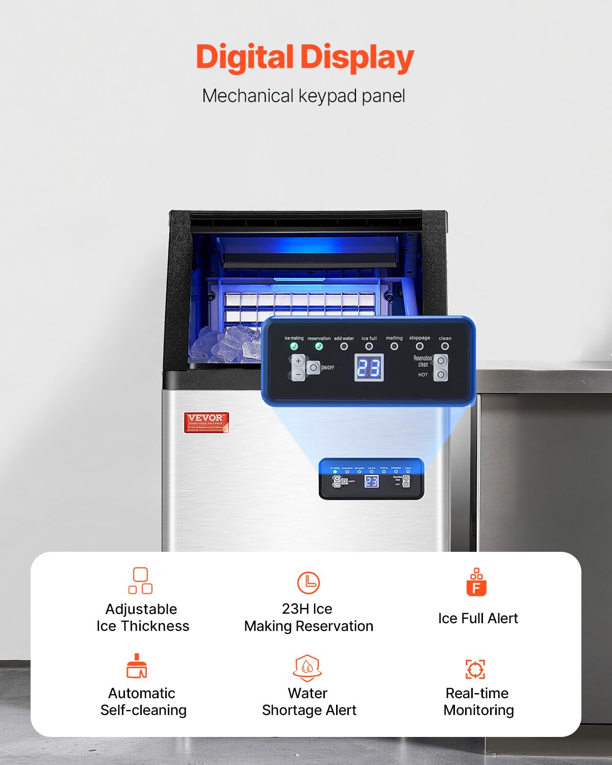 VEVOR Commercial Ice Maker Machine, 100lbs/24H Ice Maker Machine with 16lbs Storage Capacity, 36 Ice Cubes in 15 Minutes, LED Digital Display Freestanding Self-Cleaning for Bar Office Restaurant