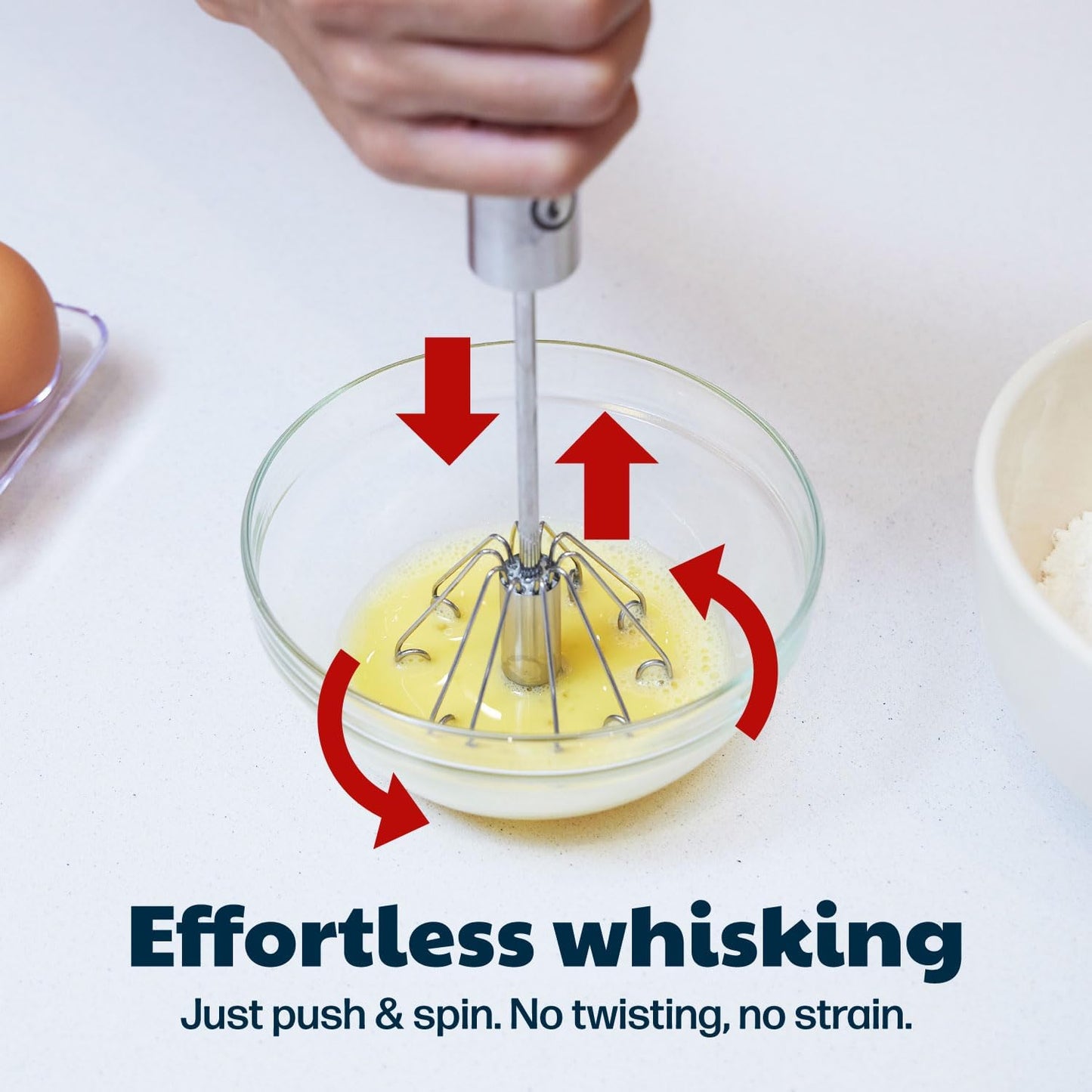 14 Inch Stainless Steel Hand Whisk - Durable & Easy to Use Push-Down Zip Whisker - Rotary Hand Mixer for Beating Eggs, Frothing Milk, Blending, Mixing, Whipping Smoothies & Shakes - Kitchen Tools