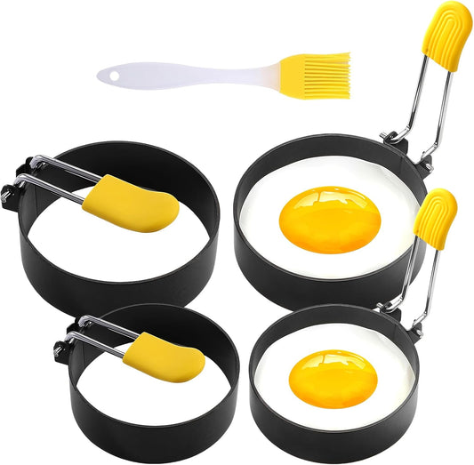 4 Pack Fried Egg Molds Round Stainless Steel Fried Egg Ring with Silicone Handle Perfect for Making Breakfast Sandwiches, Burgers, Pancakes Suitable for Home or Breakfast Carts (3 inch & 4 inch）