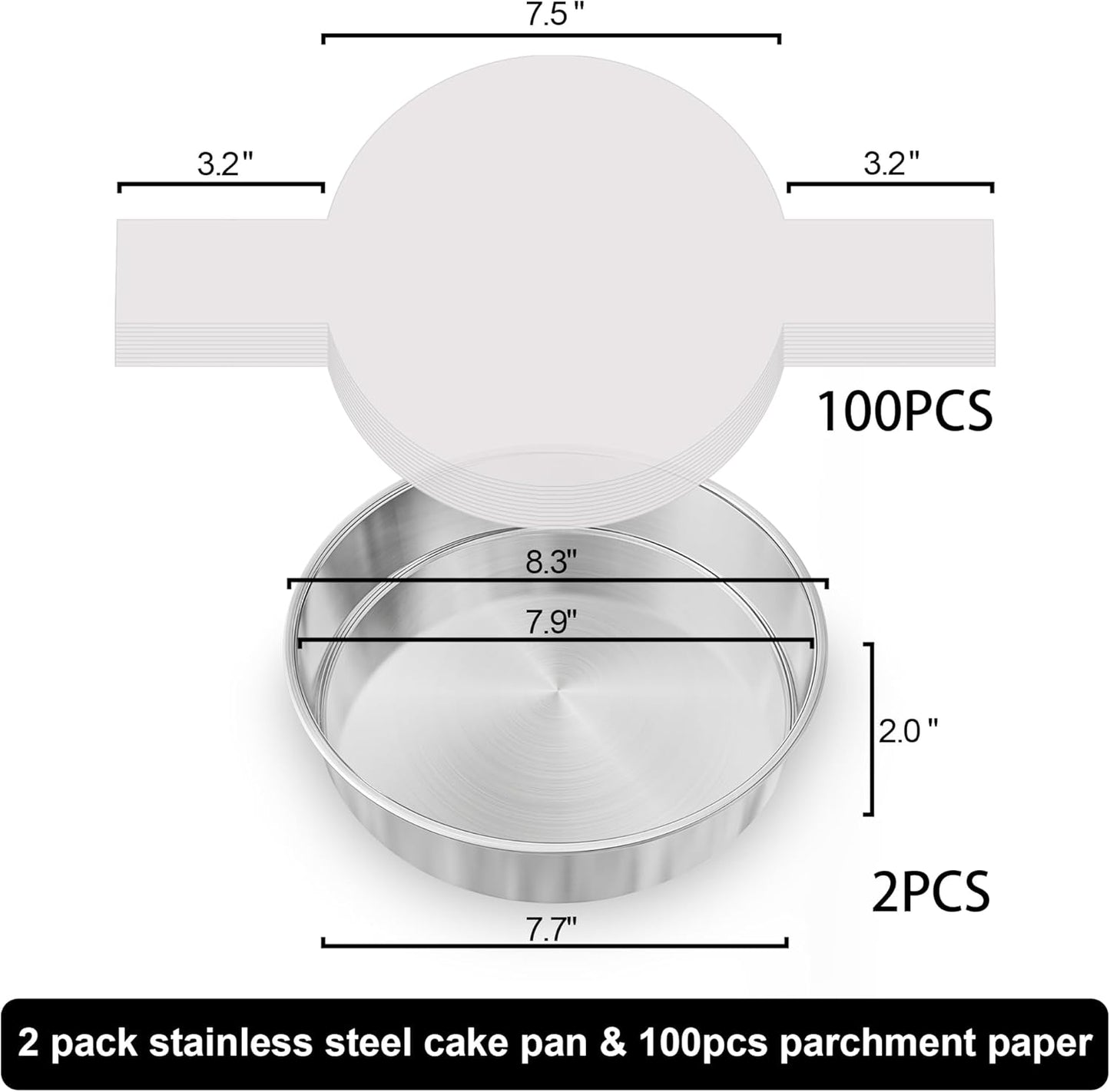 8 Inch Round Cake Pans Set of 2, Nonstick Stainless Steel Baking Pans Set with 100PCS Parchment Papers, Durable Birthday Christmas Circle Layer Cake Pans, Cake Pans Sets for Baking, Dishwasher Safe