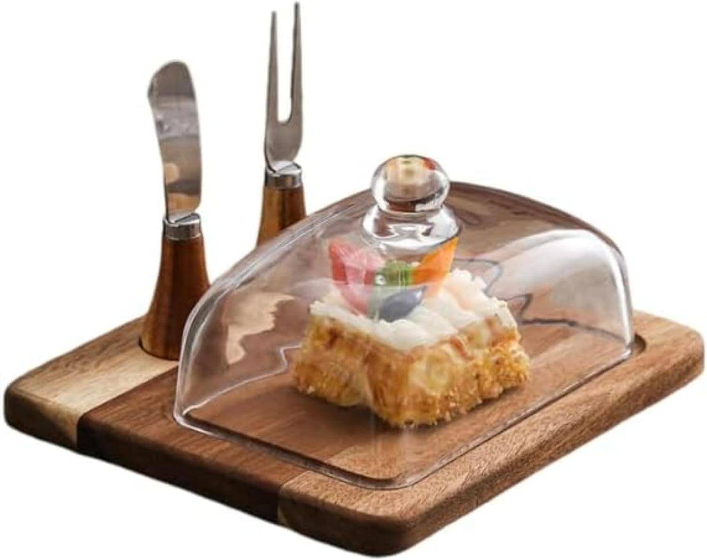 Acacia Wood Butter Dish with Knife and Glass Cover for Cheese, Butter, Cake, Dessert Serving Tray Elegant Kitchenware (2 knifes)