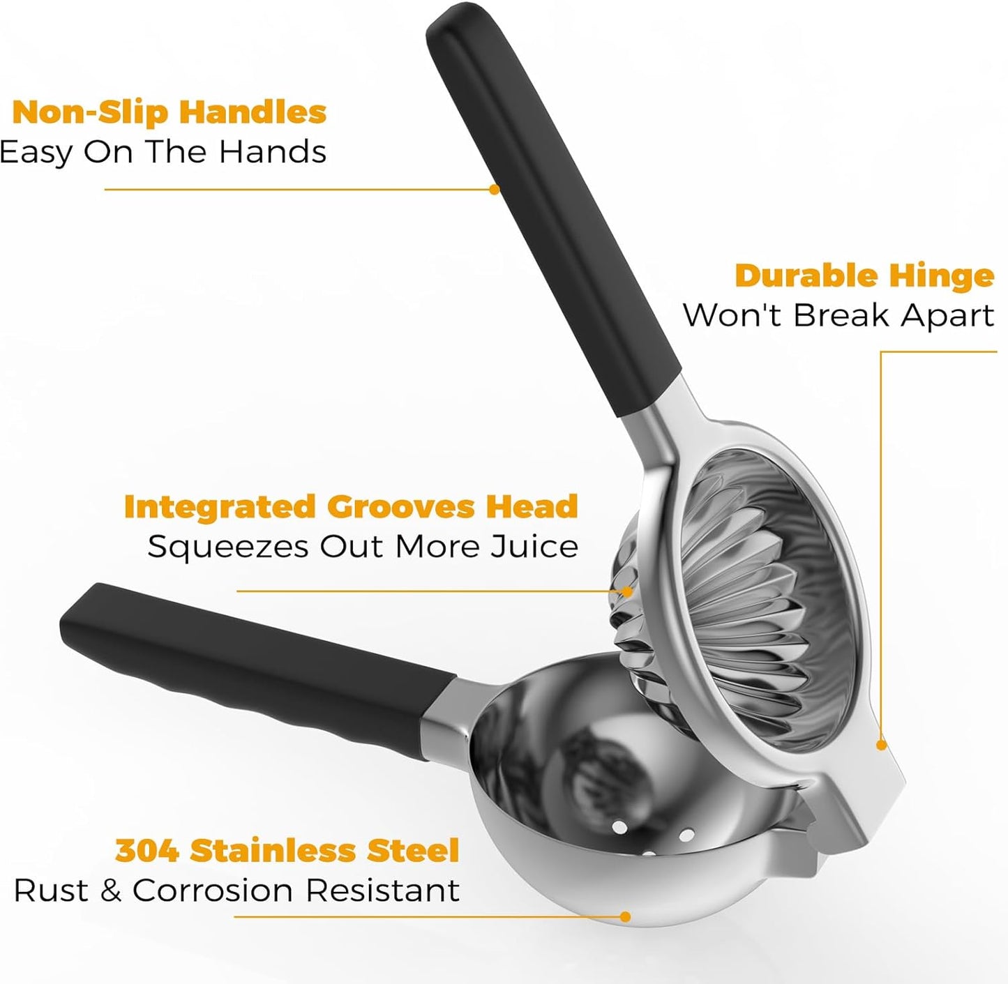 Stainless Steel Lemon Squeezer - Metal Citrus Juicer - Lime Lemon and Fruit Juicer with Silicone Handles - Large Manual Citrus Press Juicer - Hand Held Squeezer - Ergonomic Design with Solid