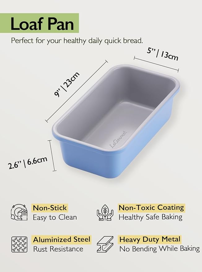 LeGourmet Nonstick Bread Loaf Pan 9 X 5 Inch, Ceramic Coating, Non-Toxic, Rust Resistant Aluminized Steel, Perfect 1 lb Baking Dish for Meatloaf, Pound Cake & Brownie (Cyan 2pcs)