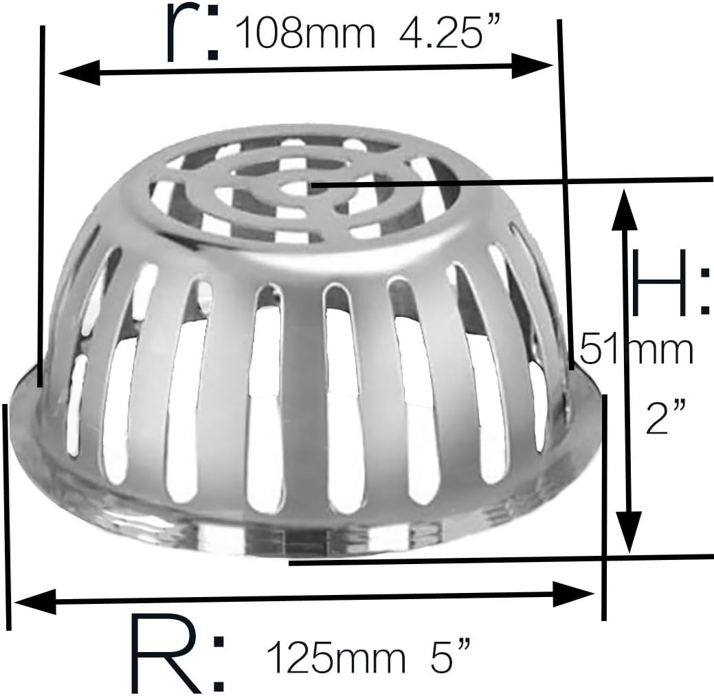 SUS304 Stainless Steel Roof Dome Drain Cover Strainer Anti-Clogging Atrium Grate 2pcs/pk (Φ: 5 inch)