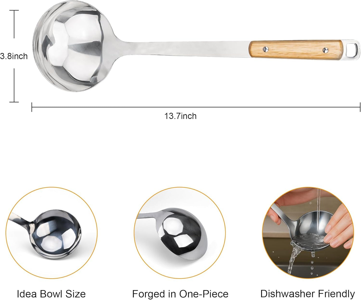 FJNATINH Stainless Steel Soup Ladle, Large Metal Ladel Spoon for Serving, Cooking, Wok, Soup, Heat-proof Wooden Handle, Heavy Duty Wok Tool 13.7 Inches