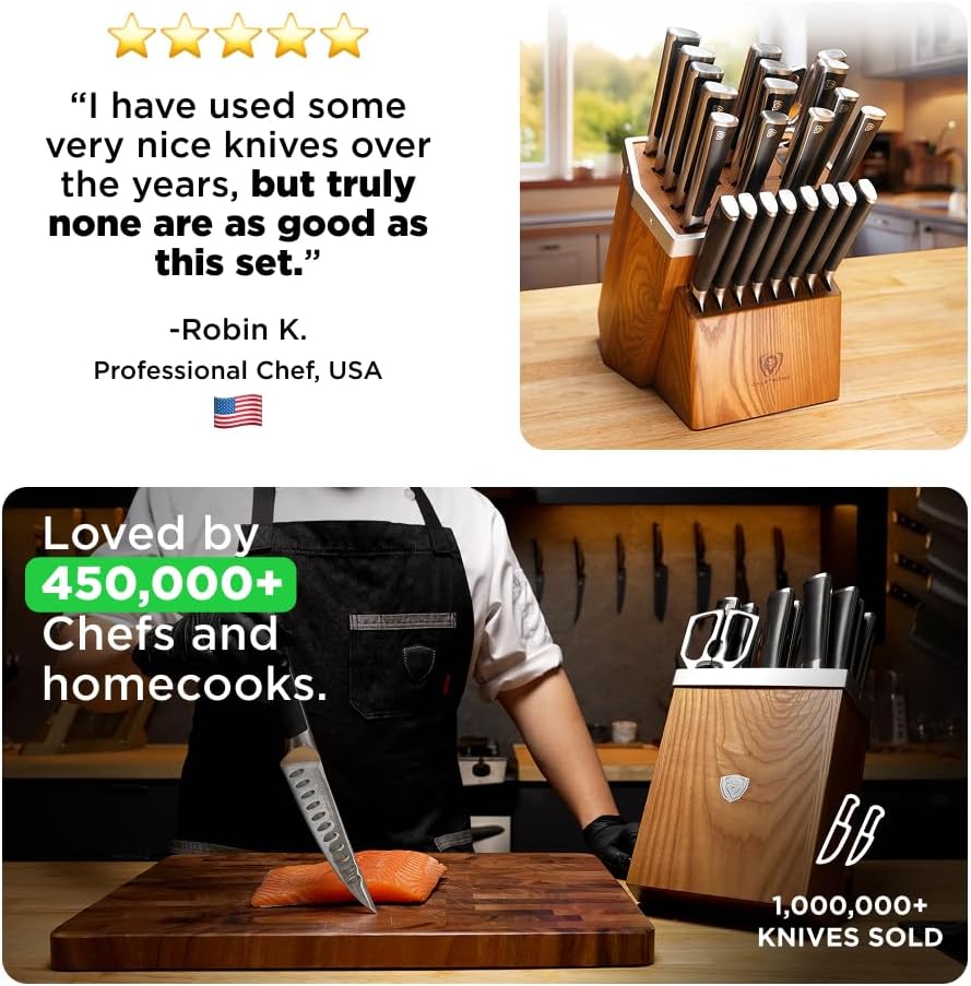 Dalstrong Vanquish Series - 24pc Stainless Steel Knife Set with Block & Kitchen Scissors - Forged High Carbon German Stee l- Knife Set w/POM Black Handle - NSF Certified