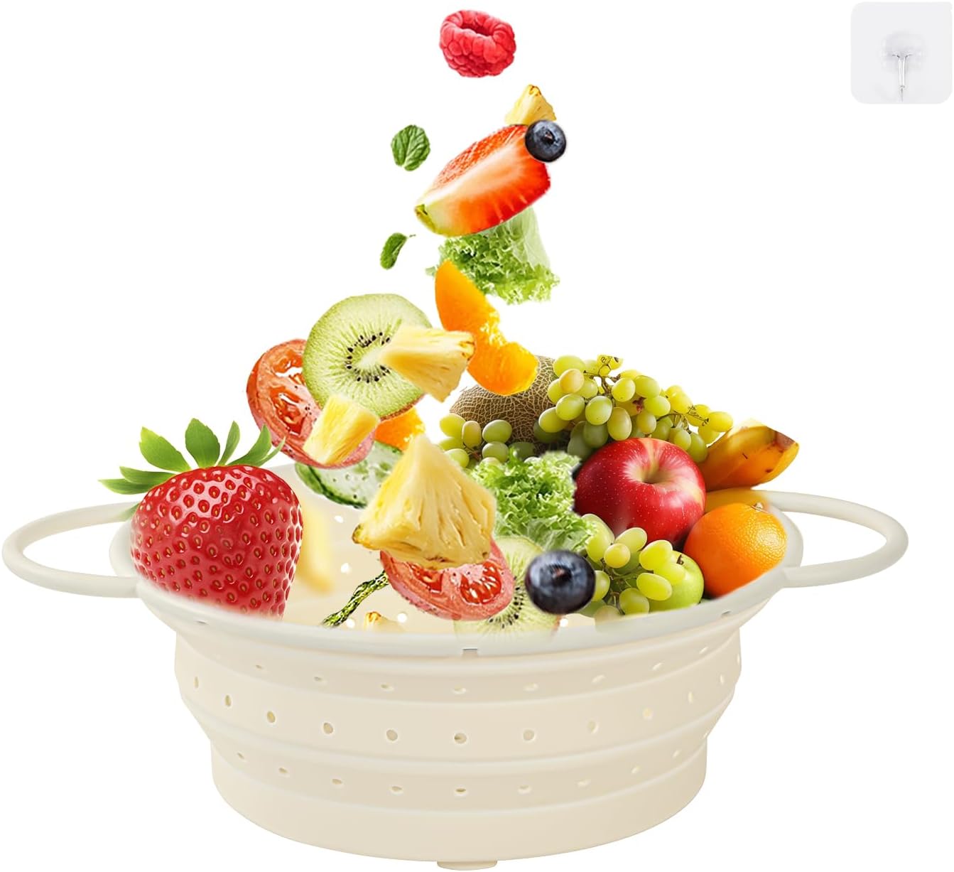 Kkioiome Strainers and Colanders, Silicone Collapsible Sink Collander, 13in, Strainers and Colanders for Kitchen, Large Drainer for Vegetable, Food, Pasta (White)