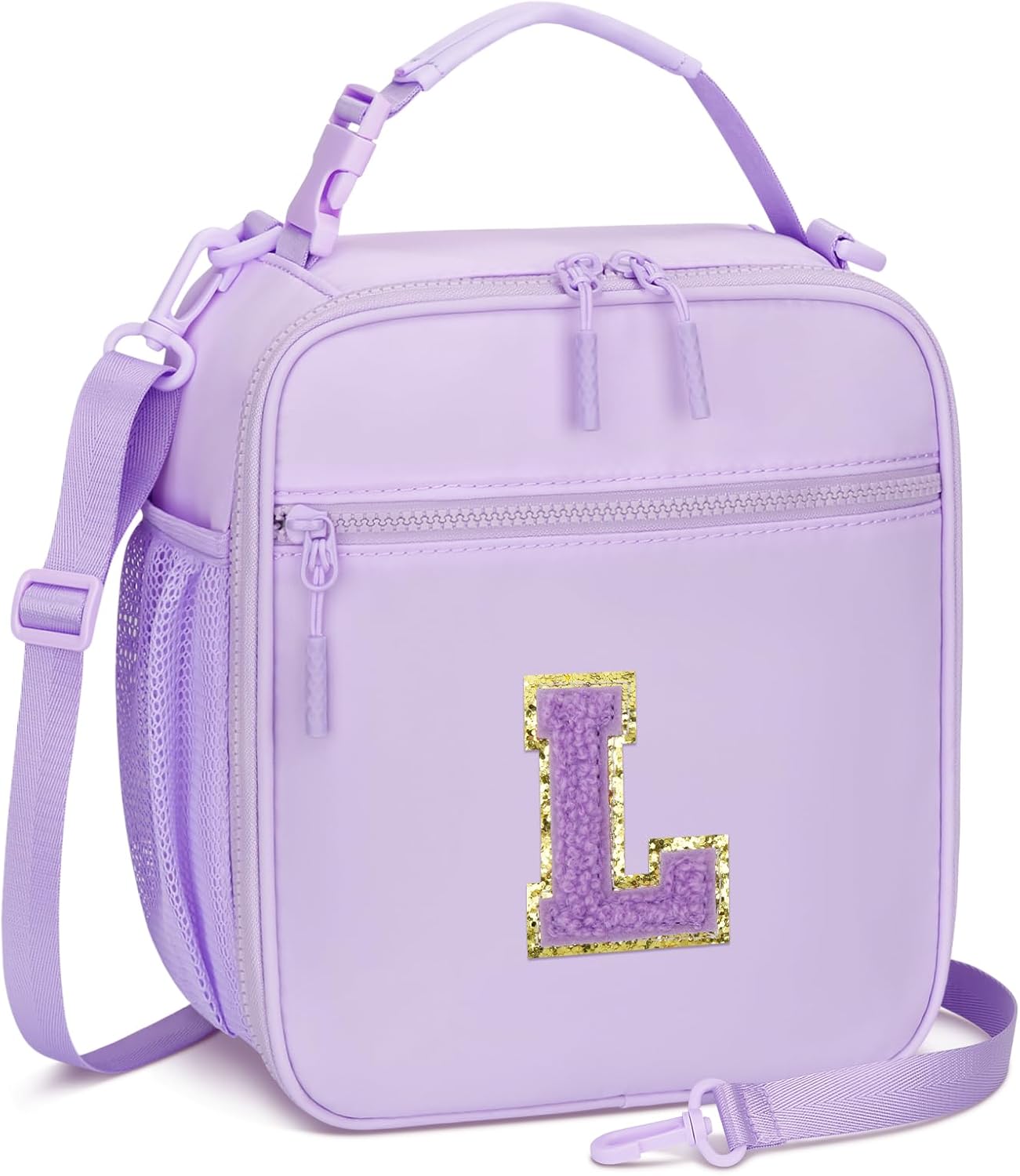 Initial Insulated Lunch Bag for Girls Kids, Back to School Gift, Reusable Leak-proof Lunch Box with Adjustable Strap for School Daycare Travel Picnic (Purple,L)