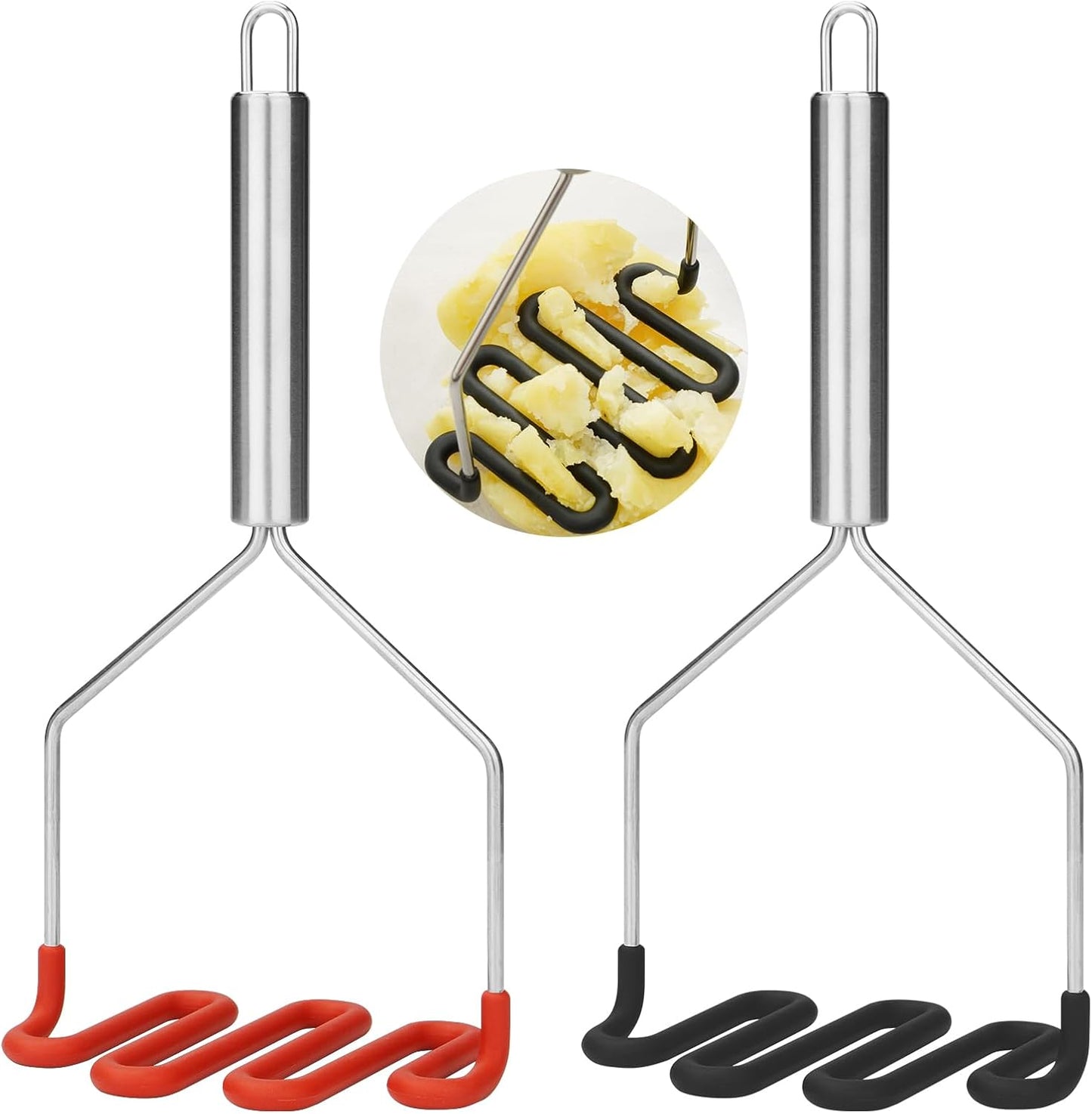 SHIKORI Non-Scratch Silicone Potato Masher Kitchen Tool, Potatoes Masher Potato Masher Stainless Steel Wrapped In Premium Silicone, Potato Smasher 2 Pcs-Black&Red