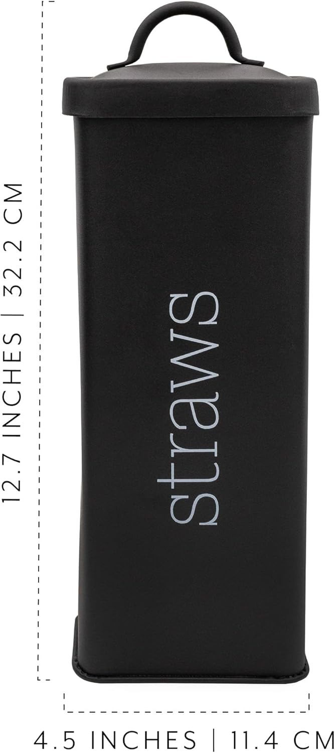 AuldHome Design Farmhouse Enamelware Straw Holder (Black); Retro Metal Straw Storage Canister