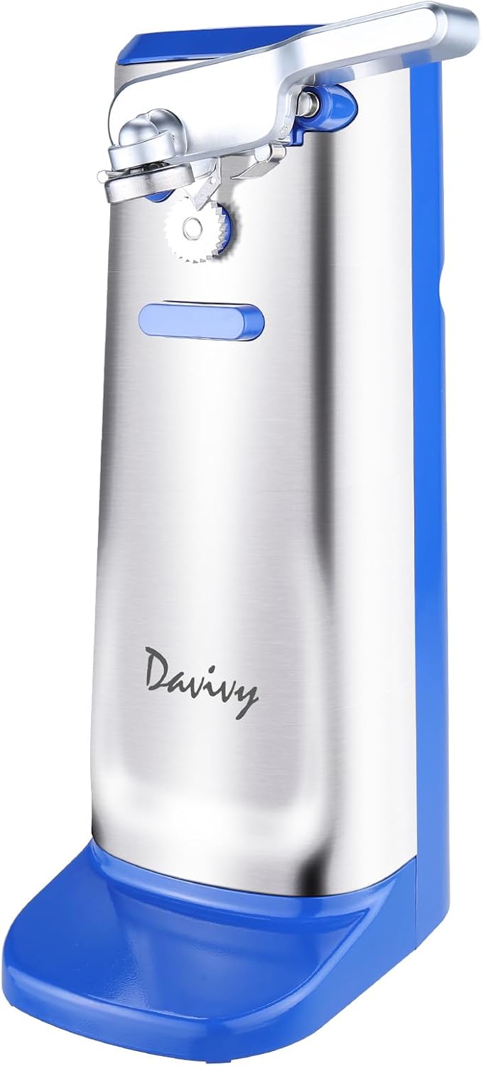 Davivy Electric Can Opener,Stainless Steel Slim Automatic Can Opener,One Touch Easy to Use for Arthritis (Silver+Royal Blue)