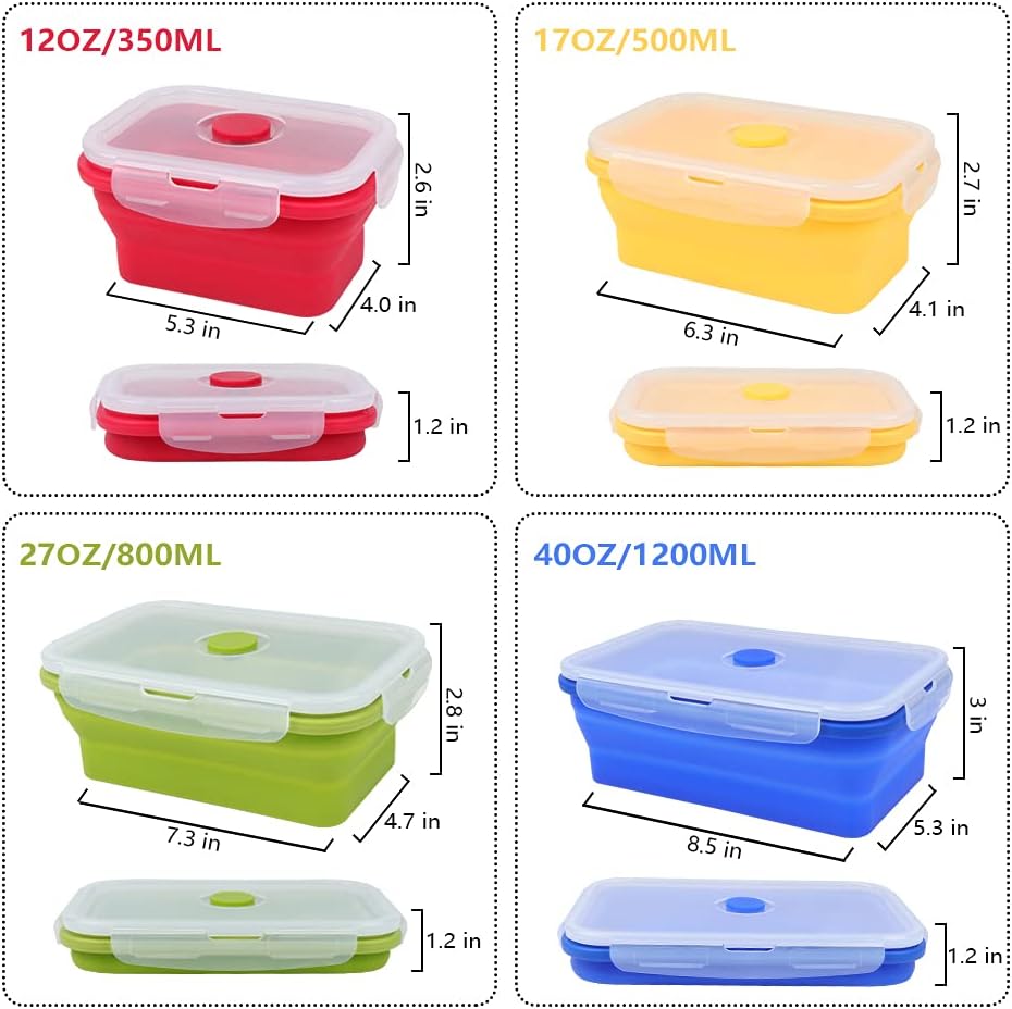 Set of 4 Collapsible Foldable Silicone Food Storage Container, Leftover Meal Box With Airtight Plastic Lids For Kitchen, Bento Lunch Boxes-Microwave, Dishwasher and Freezer Safe