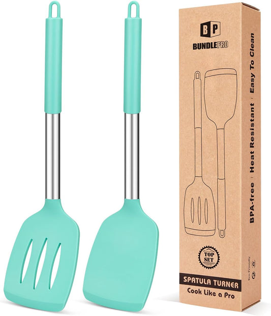 Pack of 2 Silicone Solid Turner, Non Stick Slotted Kitchen Spatulas, High Heat Resistant BPA Free Cooking Utensils, Ideal Cookware for Fish, Eggs, Pancakes(Green)
